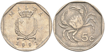Мальта 5 центов 1991 краб KM 95 медно-никель 4387-1028