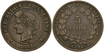 Франция 5 сантимов 1881 A, Третья республика (1871-1940) KM 821.1, Le Franc 118.6 бронза 51-722