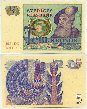 Швеция 5 крон 1981 DZ, Густав I Ваза Pick 51d бумага aUNC 444-1-1-1