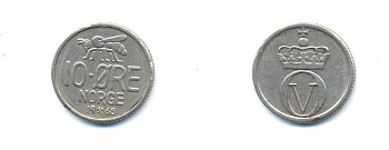 Норвегия 10 эре 1968 пчела, Улаф V (1958-1991) KM 411 медно-никель 4379-953