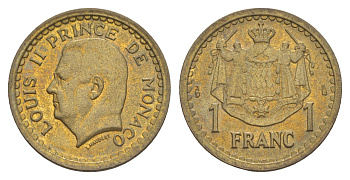 Монако 1 франк 1945 Луи II (1922-1949) KM 120a алюминиевая бронза 4646-937