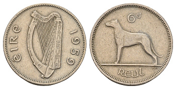 Ирландия 6 пенсов 1959 собака, ирландский волкодав KM 13a медно-никель 4682-554