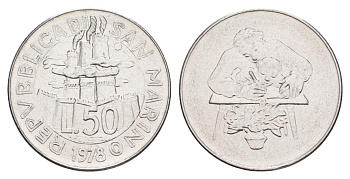 Сан-Марино 50 лир 1978 Работа KM 81 нержавеющая сталь UNC 4648-246
