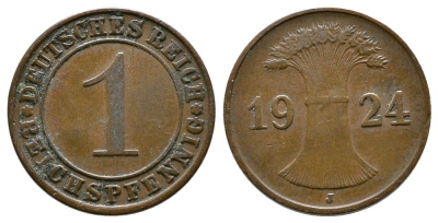 ГЕРМАНИЯ 1 РЕЙХСПФЕННИГ 1924 J KM 37, J.313 бронза 4380-1062