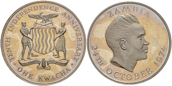 Замбия 1 квача 1974 10 лет независимости KM 17 медно-никель PROOF 00-00