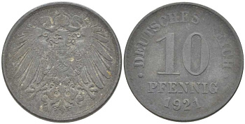 ГЕРМАНИЯ 10 ПФЕННИГОВ 1921 (1917-1922) KM 26, J. 299, Weege 8 цинк 210-311