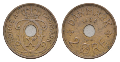 Дания 2 эре 1939 N, Кристиан X (1912-1947) KM 827 бронза 4658-258