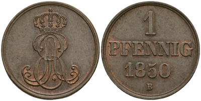 Ганновер 1 пфенниг 1850 B, Эрнст Август (1837-1851) KM 201.1, AKS 129, J. 74 медь 4608-1066