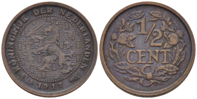 НИДЕРЛАНДЫ 1/2 ЦЕНТА 1917 ВИЛЬГЕЛЬМИНА (1890-1948) KM 138 бронза 39-218