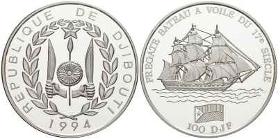 Джибути 100 франков 1994 фрегат Bateau, тираж 15000 экз. KM 31 серебро PROOF 00-00