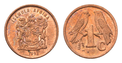 ЮАР 1 цент 1991 герб, капские воробьи KM 132 сталь плакированная медью UNC 4690-1266