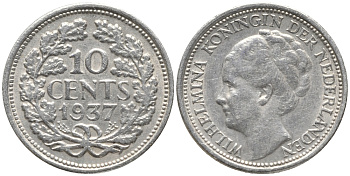Нидерланды 10 центов 1937 Вильгельмина I (1890-1948) КМ 163 серебро 4387-856