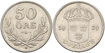 Швеция 50 эре 1939 G, Густав V (1907-1950) KM 788 серебро 4148-842