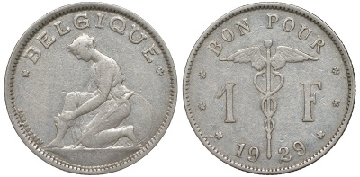 Бельгия 1 франк 1929 Belgique KM 89 никель 51-2041