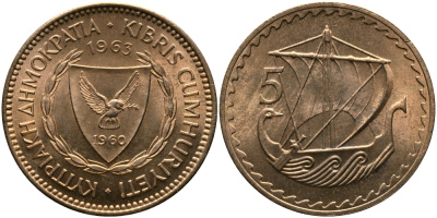 Кипр 5 милсов 1963 парусник KM 39 бронза aUNC 33-743