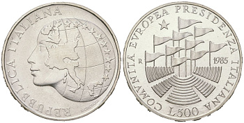 Италия 500 лир 1985 R, Итальянское президентство в Европейском экономическом сообществе KM 115 серебро BU 34-357