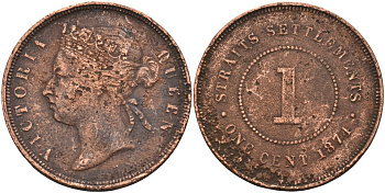 Стрейтс-Сетлментс 1 цент 1874 Виктория (1837-1901), Ост-Индская компания KM 9 медь 4590-324