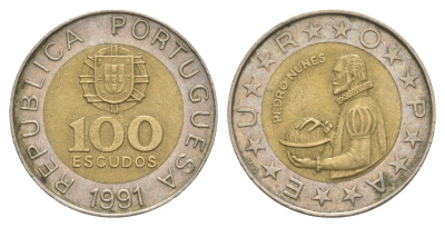 Португалия 100 эскудо 1991 Педру Нуниш (1502-1578), математик KM 645 биметалл 4388-751