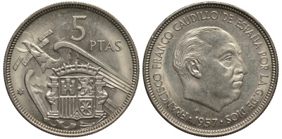 Испания 5 песет 1957 (71) Франсиско Франко (1939-1975) KM 786 медно-никель XF+ 4182-354