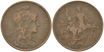 Франция 5 сантимов 1912 тип Дюпюи KM 842 бронза 113-323