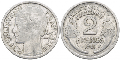 ФРАНЦИЯ 2 ФРАНКА 1941 KM 886а.1 алюминий 4402-942