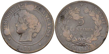 Франция 5 сантимов 1875 К, третья республика (1871-1940) KM 821.2, LE FRANC 118.13 бронза 4395-254