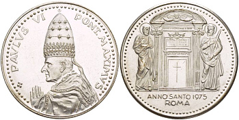 ВАТИКАН МЕДАЛЬ 1975 СВЯТОЙ ГОД, ПАПА ПАВЕЛ VI, РАЙСКИЕ ВРАТА, ДИАМЕТР 35 ММ. белый металл 4527-1213