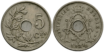 Бельгия 5 сантимов 1921 Belgie KM 67 медно-никель 4173-229