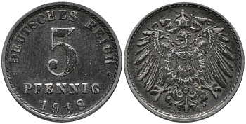 ГЕРМАНИЯ 5 ПФЕННИГОВ 1918 А, KM 19, J. 297 железо 100-623