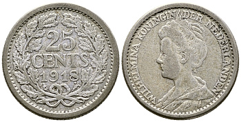 НИДЕРЛАНДЫ 25 ЦЕНТОВ 1918 ВИЛЬГЕЛЬМИНА KM серебро 46-818