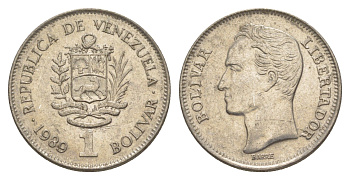 Венесуэла 1 боливар 1989 Симон Боливар, толстый шрифт Y 52a.2 сталь плакированная никелем 4589-126