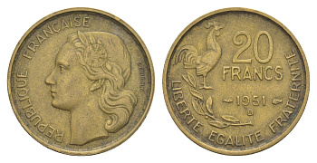 Франция 20 франков 1951 B KM 917.2, Le Frank 402.8 алюминиевая бронза 4563-457