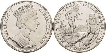 Гибралтар 1 крона 1993 XVII зимние Олимпийские игры 1994 года в Лиллехаммере, горные лыжи KM 148 медно-никель BUNC 1084-9-11