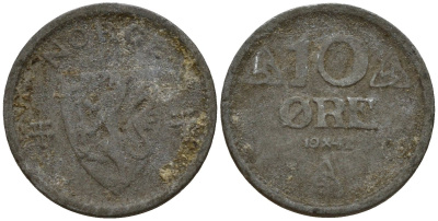 Норвегия 10 эре 1942 Хокон VII (1906 - 1957) KM 389 цинк 4154-755