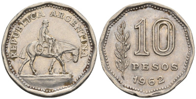 Аргентина 10 песо 1962 Гаучо KM 60, Schon 60, CJ 281 никелированная сталь    60-936