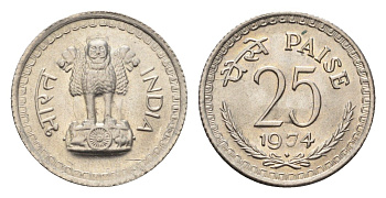 Индия 25 пайс 1974 KM 49.4 медно-никель UNC 4697-829