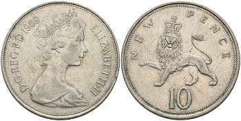 Великобритания 10 пенсов 1969 Елизавета II (1952-2022) KM 912, Spink 4231 (F1) медно-никель 81-1222