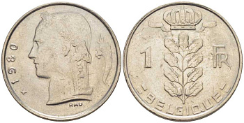 БЕЛЬГИЯ 1 ФРАНК 1980 BELGIQUE, БОДУЭН I (1951-1993) KM 142.1 медно-никель 202-1121