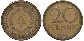 ГДР 20 пфеннигов 1969 А, первый год KM 11 латунь 62-953