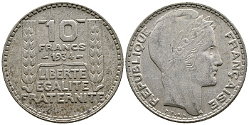 Франция 10 франков 1934 Пьер Тюрен KM 878, Le Franc 360.7 серебро 60-1254