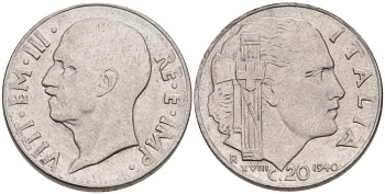 ИТАЛИЯ 20 ЧЕНТЕЗИМО 1940 R, ГОД XVIII, ВИКТОР ЭММАНУИЛ III (1900-1946), МАГНИТНАЯ, ГУРТ РИФЛЁНЫЙ KM 75b, VEM3. 1025 нержавеющая сталь 3853-512