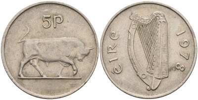 Ирландия 5 пенсов 1978 бык KM 22 медно-никель 4141-117