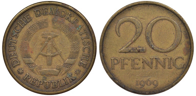 ГДР 20 пфеннигов 1969 А, первый год KM 11 латунь 62-953