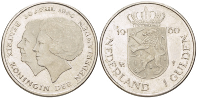 Нидерланды 1 гульден 1980 на коронацию Беатрикс, 30 апреля 1980 KM 200 никель 31-817