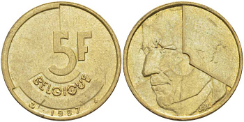 БЕЛЬГИЯ 5 ФРАНКОВ 1987 BELGIQUE KM 163 латунь или алюминиевая бронза 4391-231