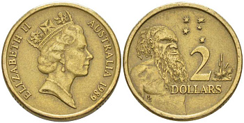 АВСТРАЛИЯ 2 ДОЛЛАРА 1989 АБОРИГЕН, ЕЛИЗАВЕТА II, ВТОРОЙ ПОРТРЕТ В КОРОНЕ KM 101 алюминиевая бронза 4395-1133