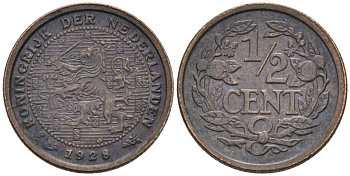 Нидерланды 1/2 цента 1928 Вильгельмина (1890-1948) KM 138 бронза 4576-513