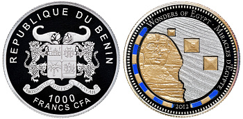 Бенин 1000 франков 2012 серия сокровищая Египта, пирамиды, сфинкс, цветная эмаль серебро PROOF 1087-8-42