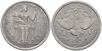 Французская Новая Каледония 2 франка 1977 птица кагу, (IEOM) KM 14, Schoen 11, Lec 58 алюминий    08-744