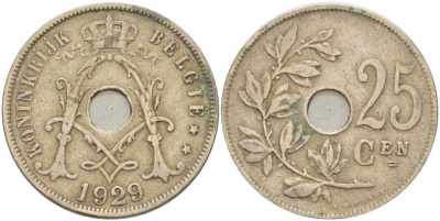 БЕЛЬГИЯ 25 САНТИМОВ 1929 BELGIE KM 69 медно-никель 180-1221